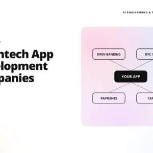headline '11 fintech app development companies' with gradient rounded diagram on the right showing 'open banking' and 'kyc/aml' labels.