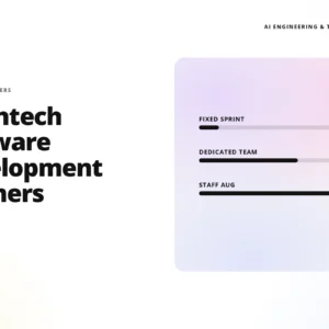 teamvoy with headline '12 fintech software development partners' and a pastel rounded schedule card showing project options (fixed sprint, 2 weeks; dedicated team, 6–12 mo; staff aug, ongoing).