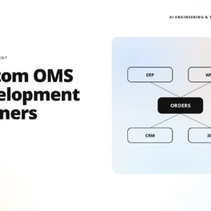 teamvoy logo, bold headline 'custom oms development partners', and a gradient diagram showing erp and wms boxes connected to orders (flowchart).