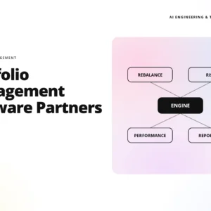 teamvoy logo with 'portfolio management software partners' headline and a pastel diagram of modules (rebalance, risk, engine, performance, reporting).