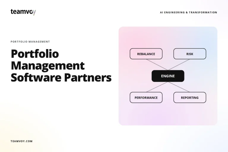 teamvoy logo with 'portfolio management software partners' headline and a pastel diagram of modules (rebalance, risk, engine, performance, reporting).