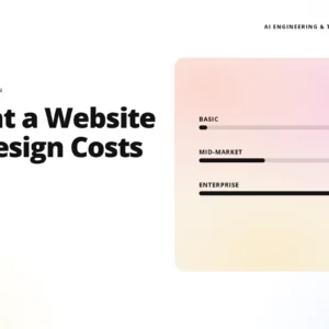 headline 'what a website redesign costs' on the left and a pastel gradient pricing card on the right showing basic, mid-market, and enterprise tiers; teamvoy branding visible at top left and 'ai engineering & transformation' text at top right.