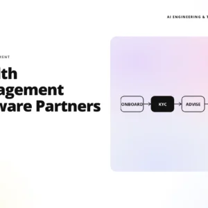 teamvoy logo with the headline 'wealth management software partners' and a pastel gradient rounded panel showing four steps: onboard, kyc, advise, invest; bottom-left 'teamvoy.com'