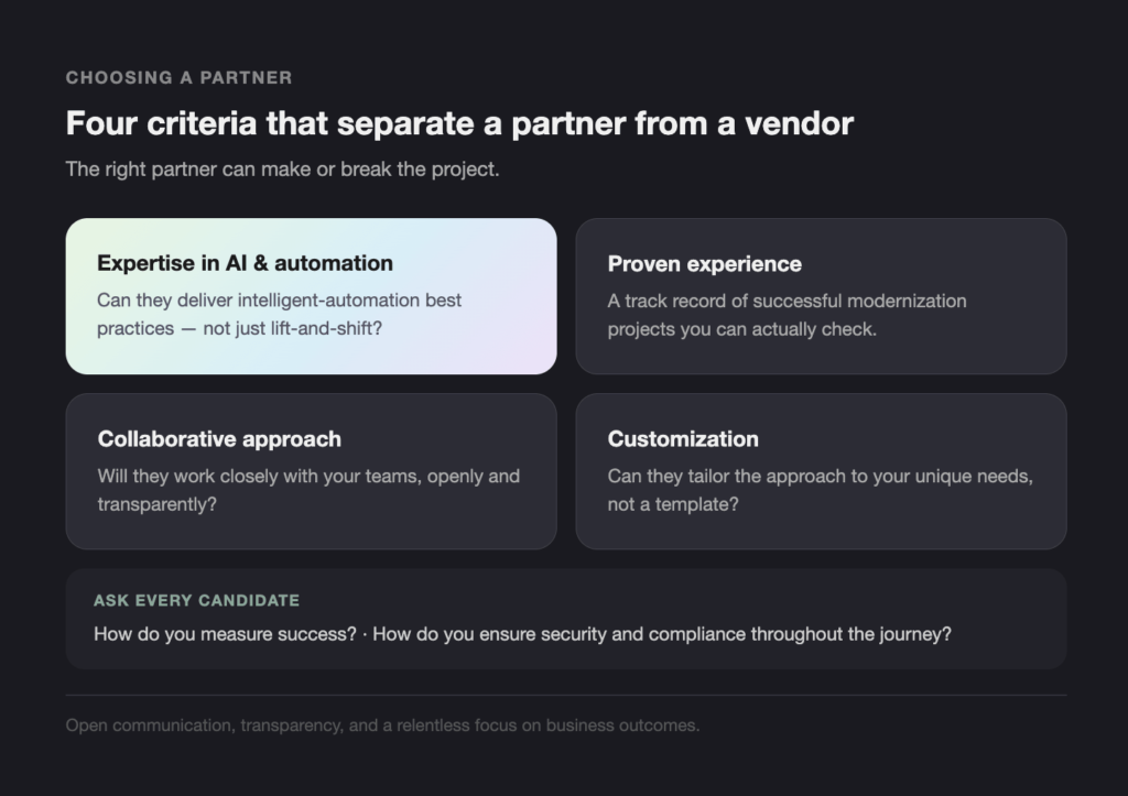 Choosing a Partner - Teamvoy web section:'Four criteria that separate a partner from a vendor' with four rounded cards: Expertise in AI & automation, Proven experience, Collaborative approach, Customization, plus an 'Ask every candidate' note.