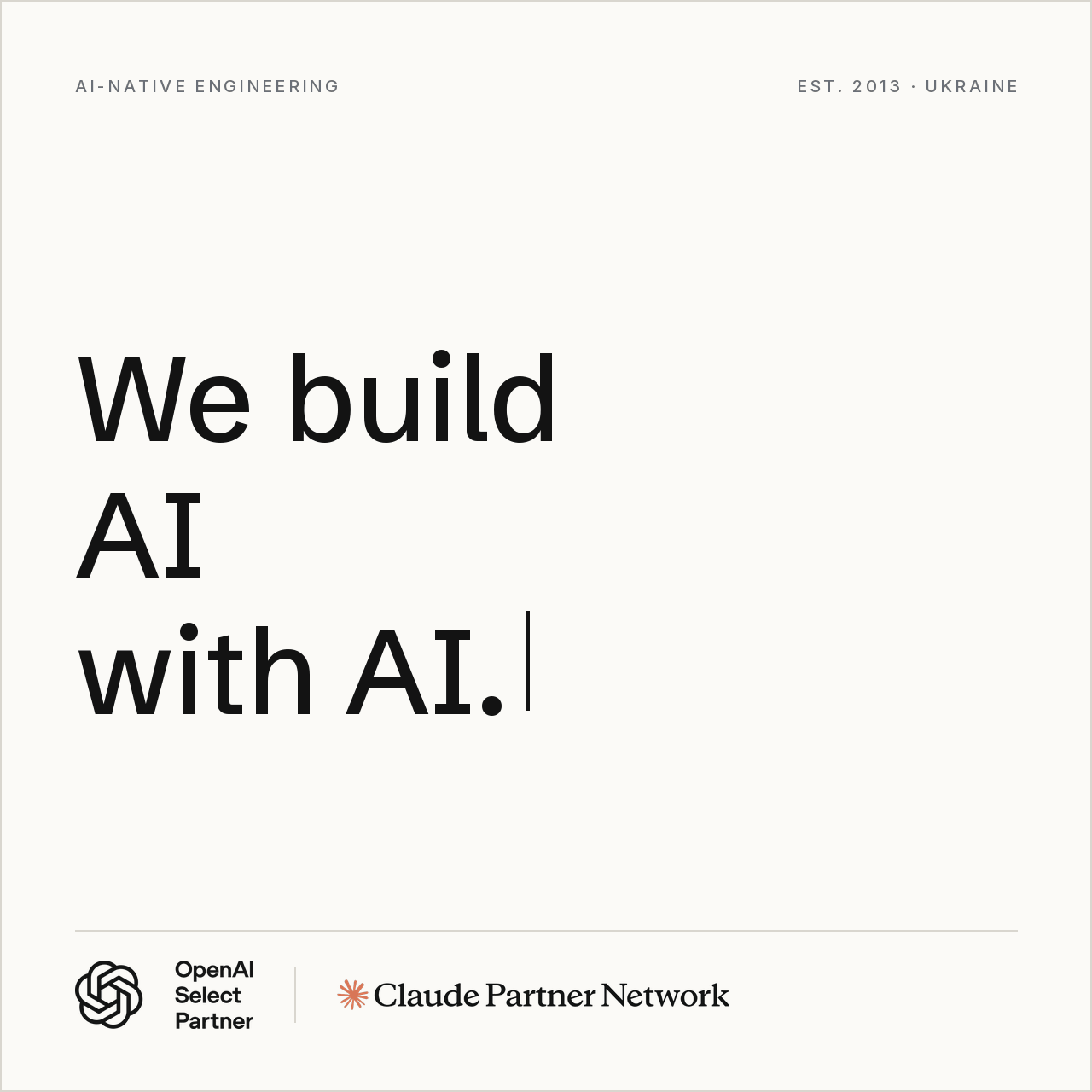 hero banner with the large headline 'we build ai with ai.' on a pale background, and openai select partner and claude partner network logos at the bottom.