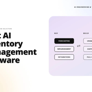 hero banner: 'best ai inventory management software' headline with teamvoy logo; on the right, a rounded purple panel showing buy vs build with forecasting, replenishment, and integrations on the left and unique rules, custom data, full control on the right.