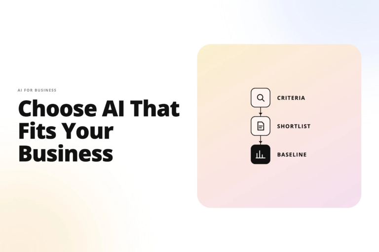 left-to-right hero image: bold headline 'choose ai that fits your business' with small 'ai for business'; right side shows a pastel rounded panel containing a vertical flowchart labeled criteria, shortlist, baseline.