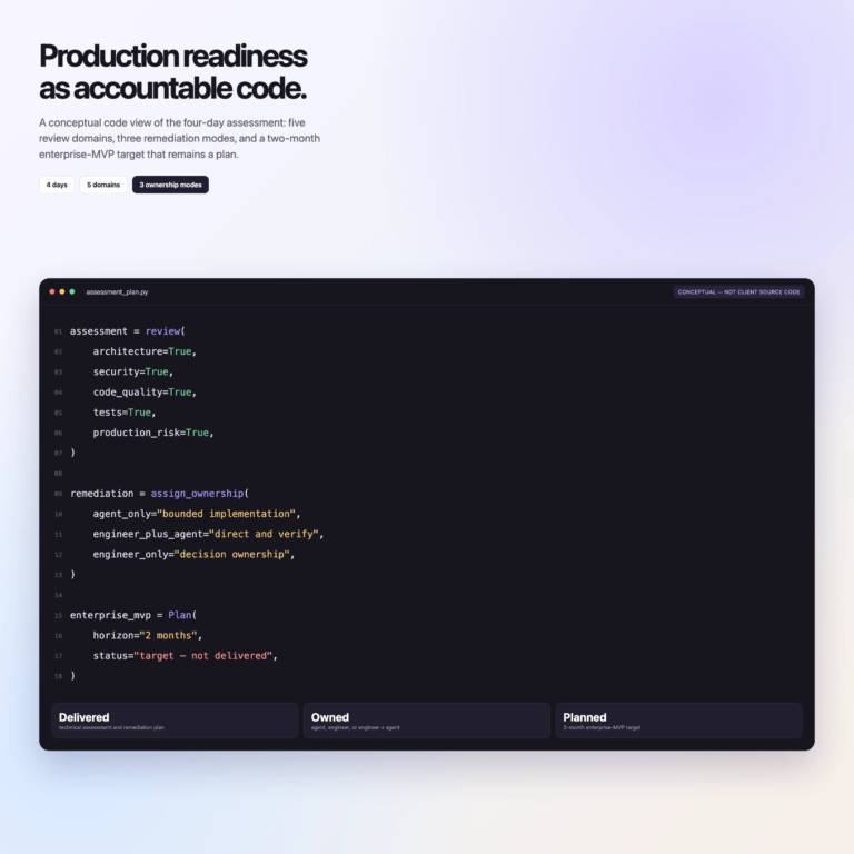 hero section with bold headline 'production readiness as accountable code,' a descriptive paragraph, three pill-like filters, and a dark code editor preview with status cards at the bottom.