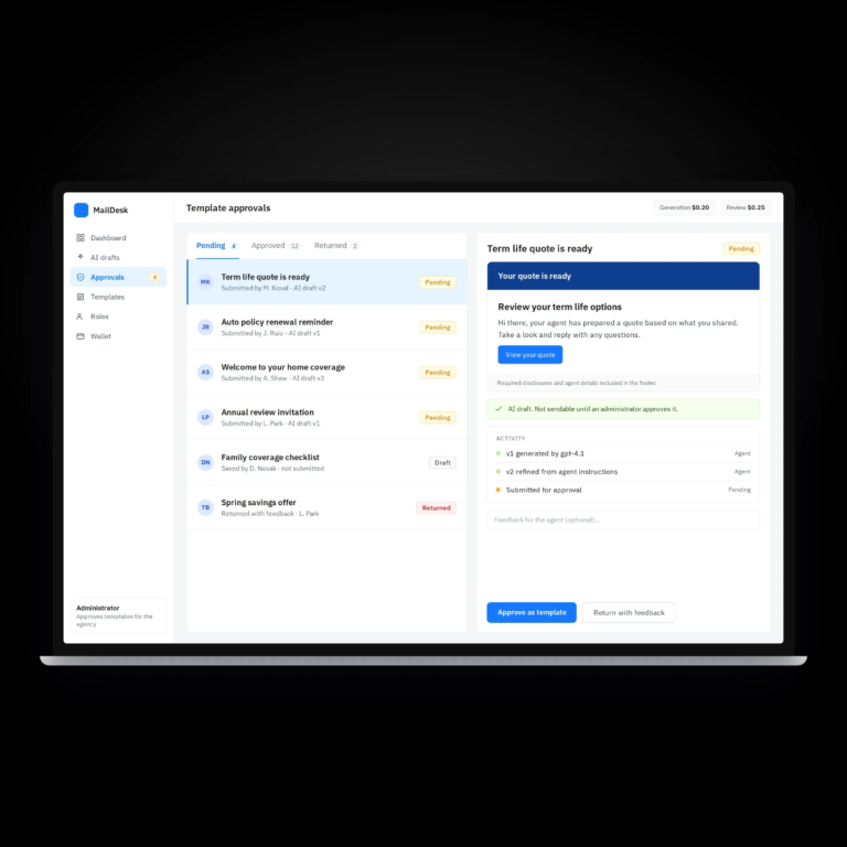 dashboard view of maildesk approvals page with side navigation and a list of items marked pending or drafts