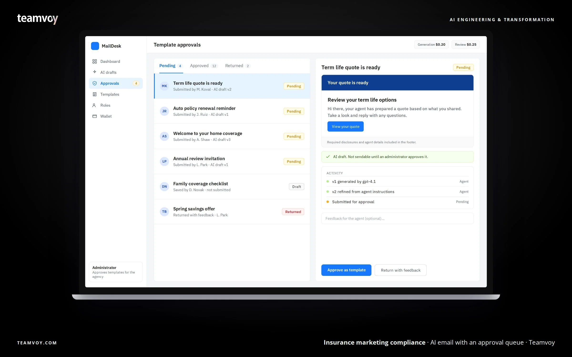 01-cover-mac-insurance-marketing-compliance-macbook-landscape - Teamvoy dashboard screenshot of a mailbox-like app named maildesk showing approvals list and a right panel with a quote summary on a dark site background.