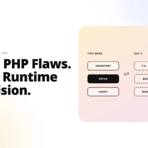 left-side bold headline: 'two php flaws. one runtime decision.' with teamvoy branding; right-side pastel rounded card showing 'this week day 2' and buttons (inventory, patch, verify, modernize).