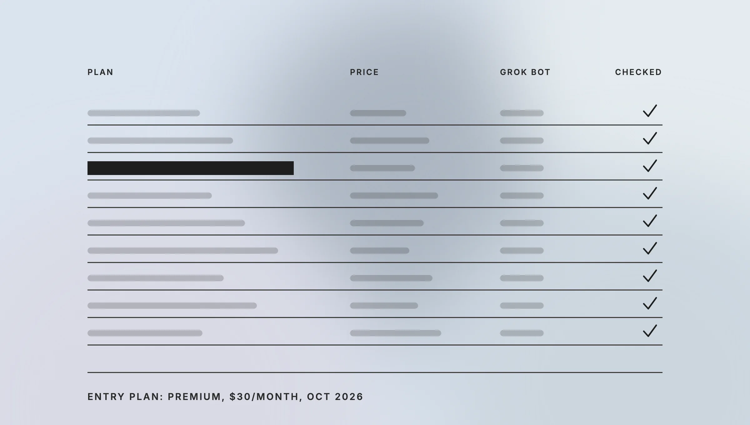 04-plan-ladder-what-is-grok-bot - Teamvoy pricing comparison table showing feature rows with checkmarks on the right; header columns read plan, price, grok bot, checked; bottom note says'ENTRY PLAN: PREMIUM, $30/MONTH, OCT 2026'