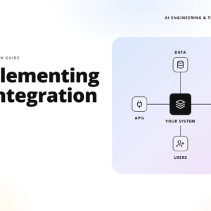 teamvoy hero banner: left side shows large 'implementing ai integration' text; top-left logo, and a rounded purple panel on the right containing a simple data-flow diagram with labels data, apis, your system, models, and users.