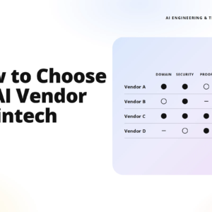 hero banner: left side displays the bold headline 'how to choose an ai vendor in fintech' with the teamvoy logo top left; right side shows a rounded pastel panel containing a vendor comparison table.