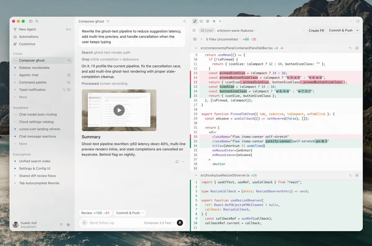 screenshot of a code editor ui with a left navigation pane, a center reading pane titled'Composer ghost', and a right-side code editor with highlighted lines.