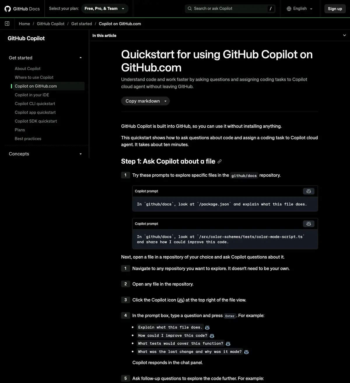 dark github copilot quickstart page on github.com with left navigation and the main heading'Quickstart for using GitHub Copilot on GitHub.com'; includes a 'Copy markdown' button and introductory text.