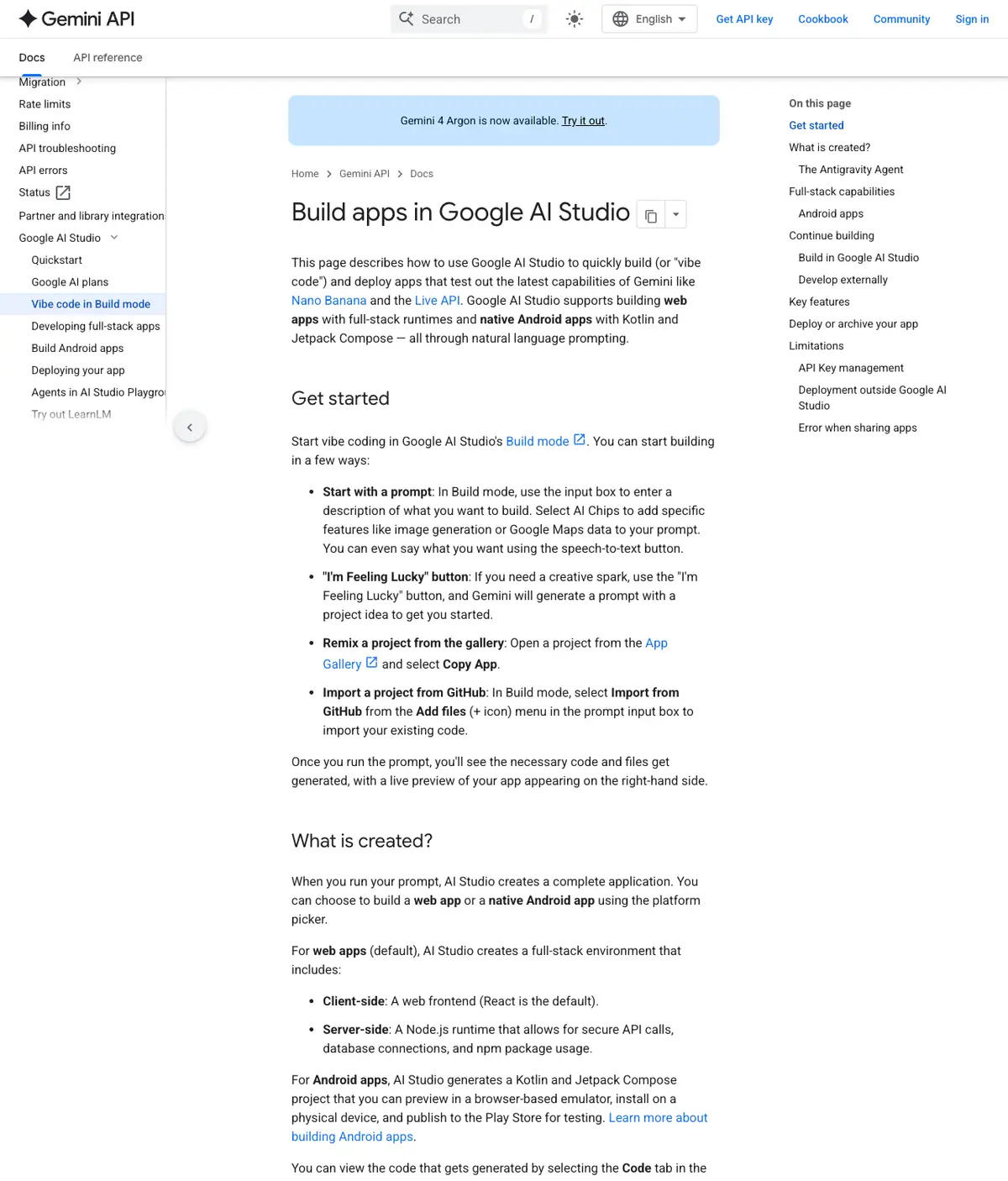 screenshot of gemini api docs page titled'Build apps in Google AI Studio' with left navigation tree and right sidebar
