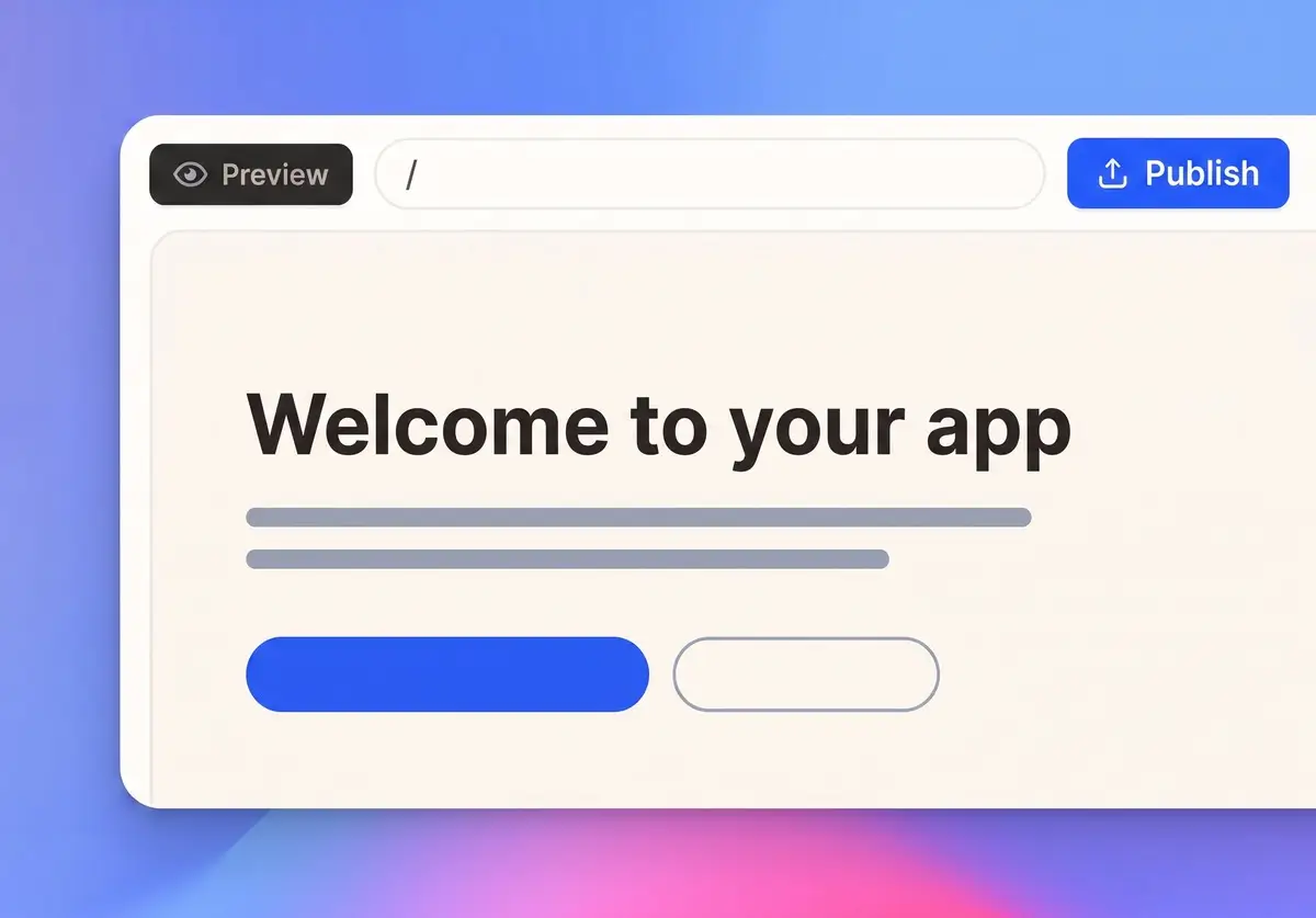 ui mockup of an app welcome screen: title'Welcome to your app', two progress bars beneath, a blue rounded primary button and an outlined button on a light panel with a gradient background.
