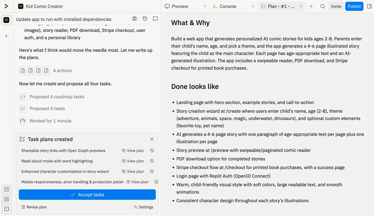 planning dashboard screenshot: left pane lists'Task plans created' and actions, right pane shows 'What & Why' with app description for generating AI comic stories for kids