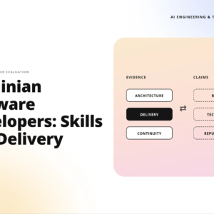 hero banner: bold headline 'ukrainian software developers: skills and delivery' on the left with a peach gradient diagram on the right showing 'evidence' and 'claims' (architecture, delivery, continuity, rate, tech list, reputation).