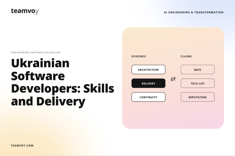hero banner: bold headline 'ukrainian software developers: skills and delivery' on the left with a peach gradient diagram on the right showing 'evidence' and 'claims' (architecture, delivery, continuity, rate, tech list, reputation).