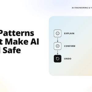 hero banner with the headline 'ux patterns that make ai feel safe' and teamvoy logo, plus a pastel rounded panel illustrating a simple explain/confirm/undo flow on the right.