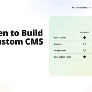 hero section showing the headline “when to build a custom cms” with a pale gradient right panel and a metric table on the right; includes teamvoy logo and site taglines.